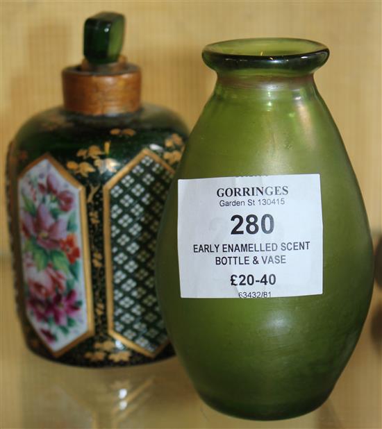 Early enamelled scent bottle & vase